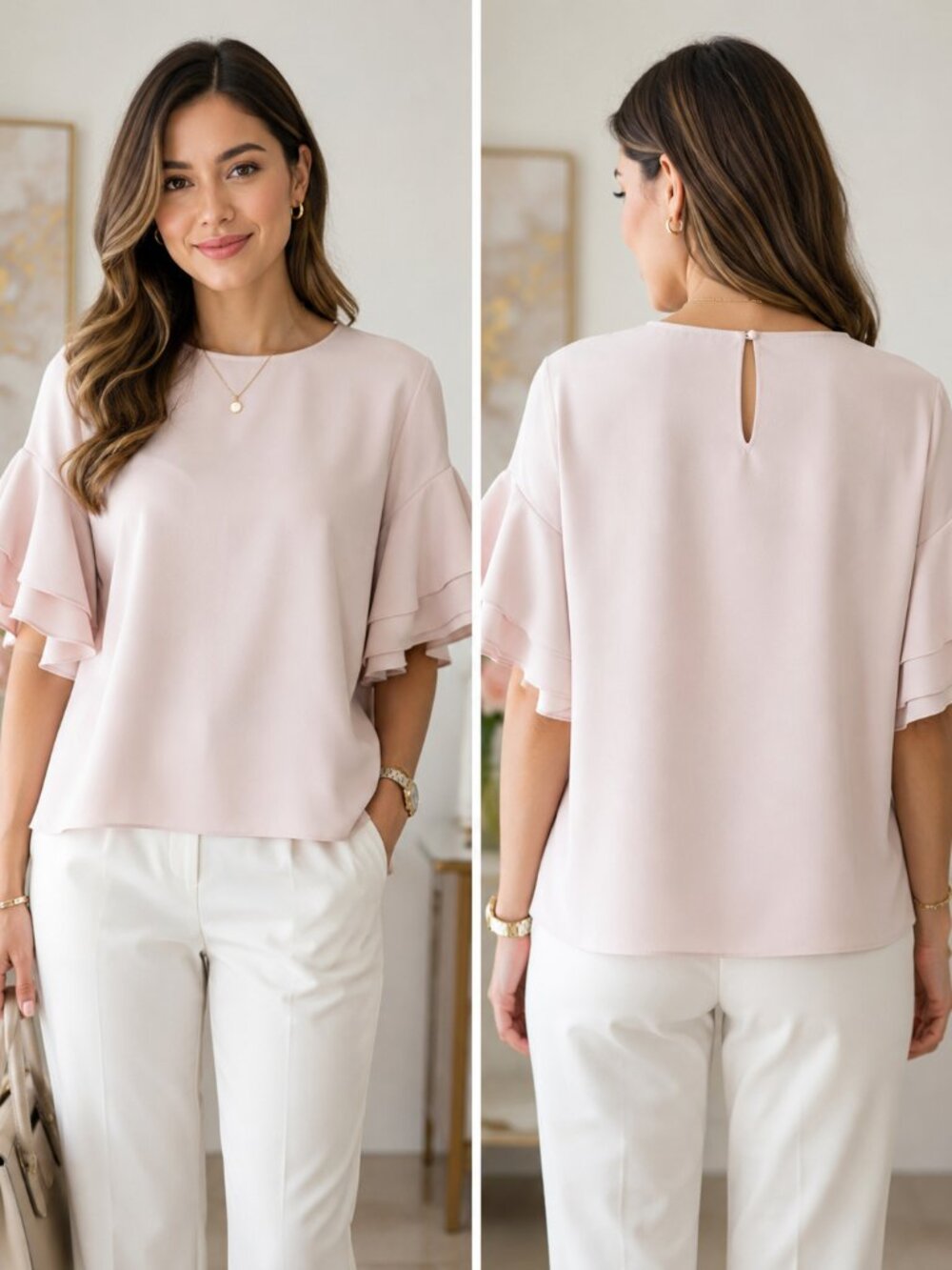 Zara Light Blush Layered Ruffle Sleeve Top
